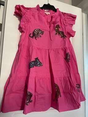 Peach Love Pink Ruffled Dress with Sequin Leopards and pockets! New!